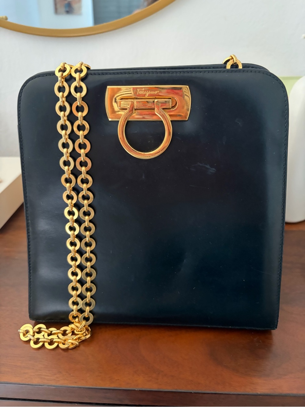 Salvatore Ferragamo Black Leather Shoulder Bag with Gold Chain and Horsebit Ring